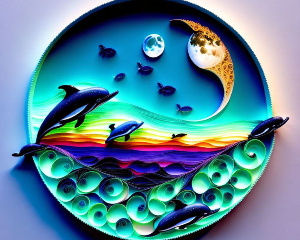 Circular Frame Paper Art Featuring Dolphins, Fish, Waves, and Celestial Elements