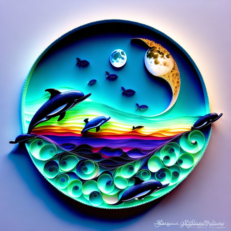 Circular Frame Paper Art Featuring Dolphins, Fish, Waves, and Celestial Elements