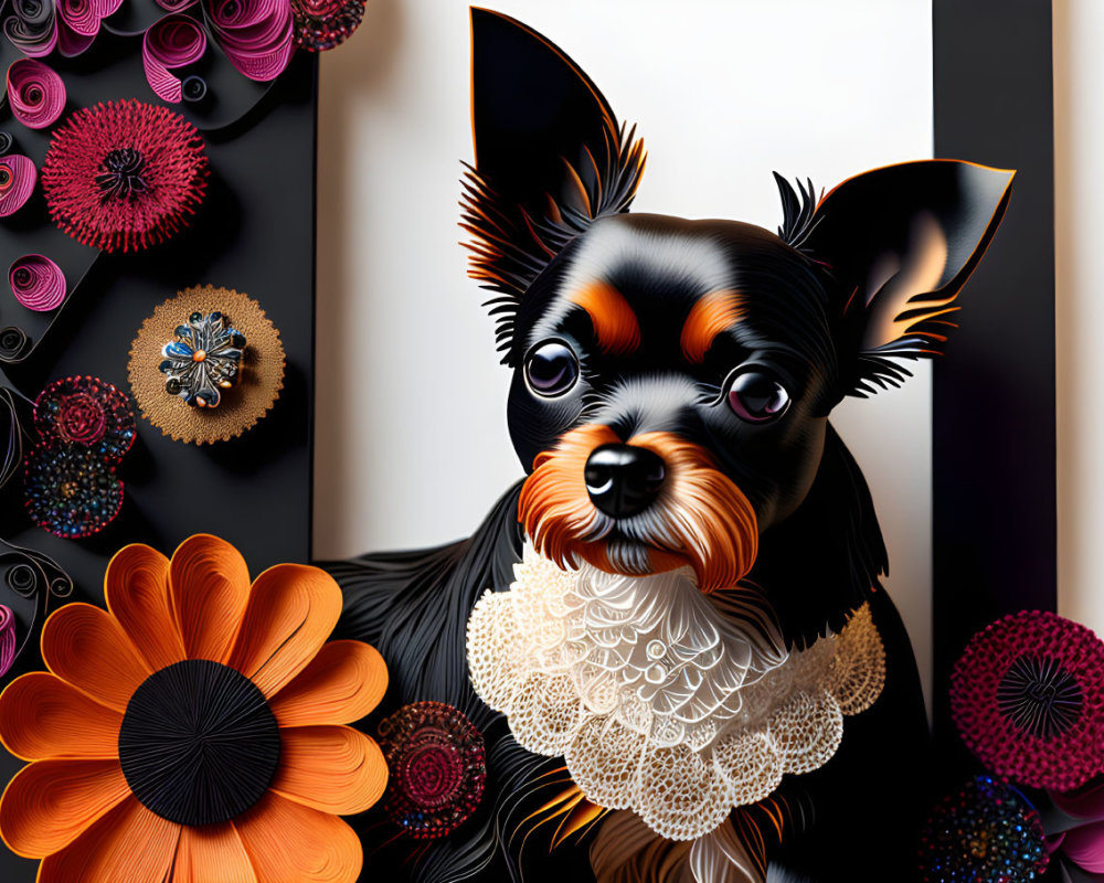 Stylized black and tan dog with lace collar in vibrant 3D paper art flowers