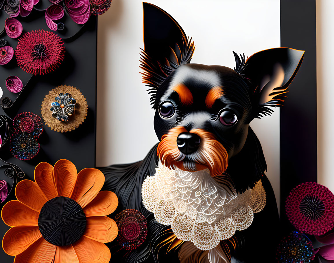 Stylized black and tan dog with lace collar in vibrant 3D paper art flowers