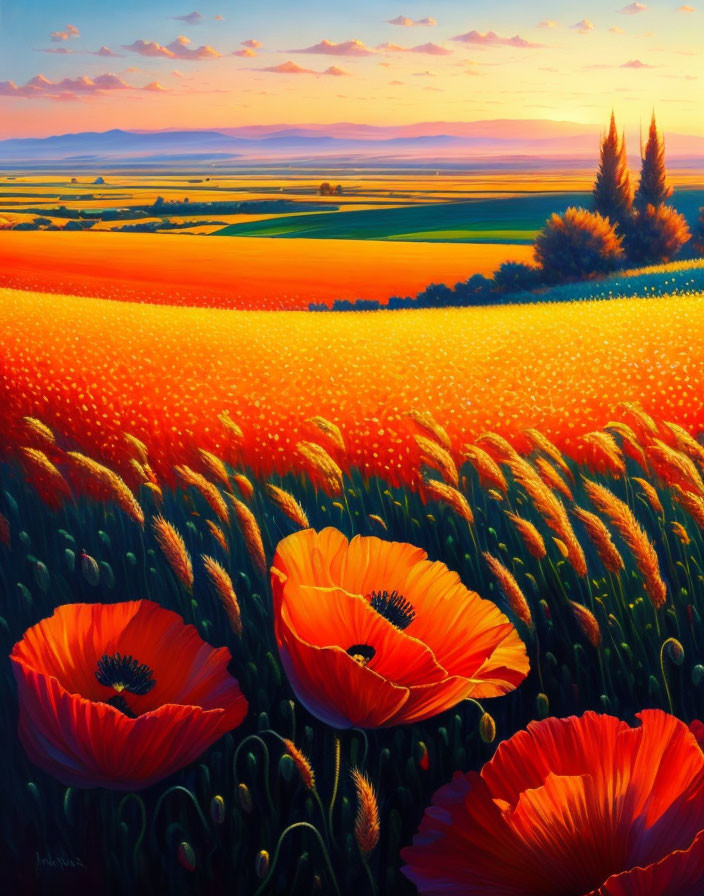 Colorful Poppy Field Sunset Painting with Rolling Hills