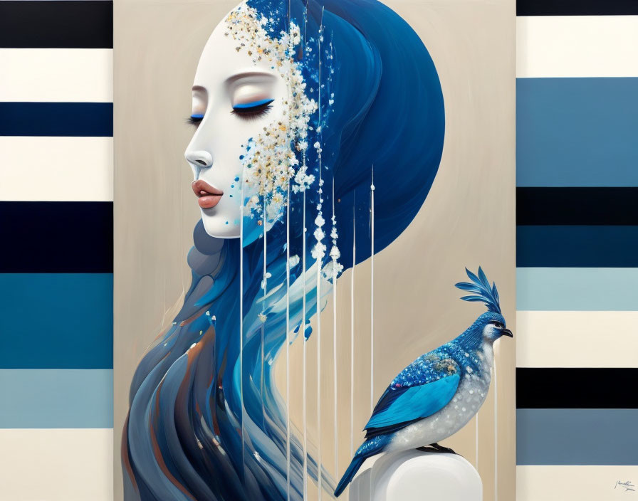 Stylized woman with blue hair and peacock on striped background