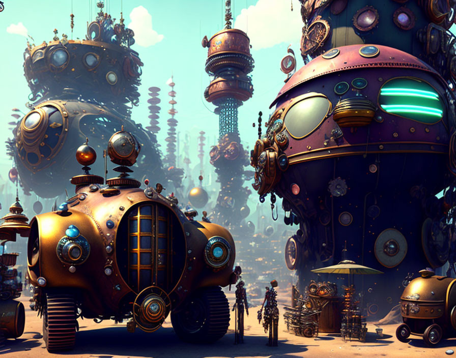 Detailed steampunk cityscape with towers, spherical vehicles, and figures in period attire.