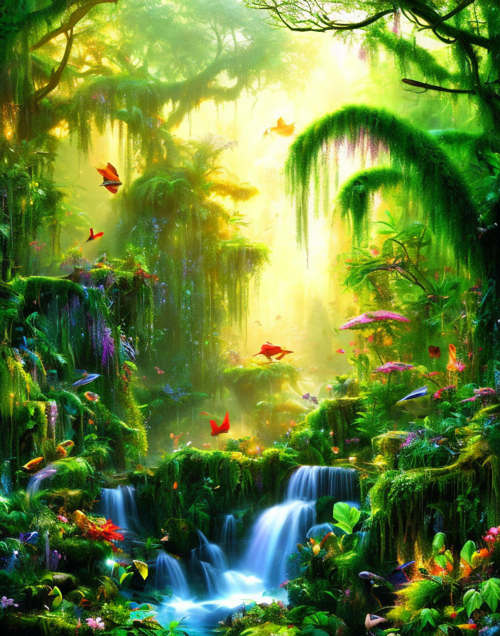 Mystical forest with waterfall, lush foliage, and colorful butterflies