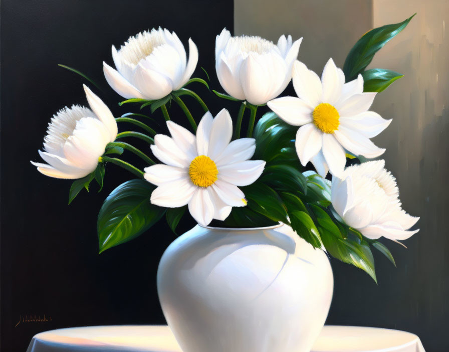 White Tulips and Daisies in White Vase on Dark Background