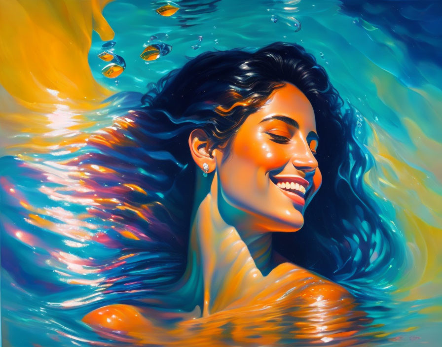 Colorful digital painting of smiling woman in water with swirling colors.