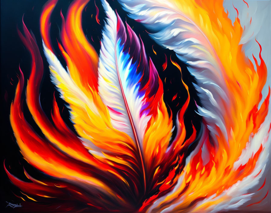 Colorful Feather Painting with Fiery Phoenix Theme