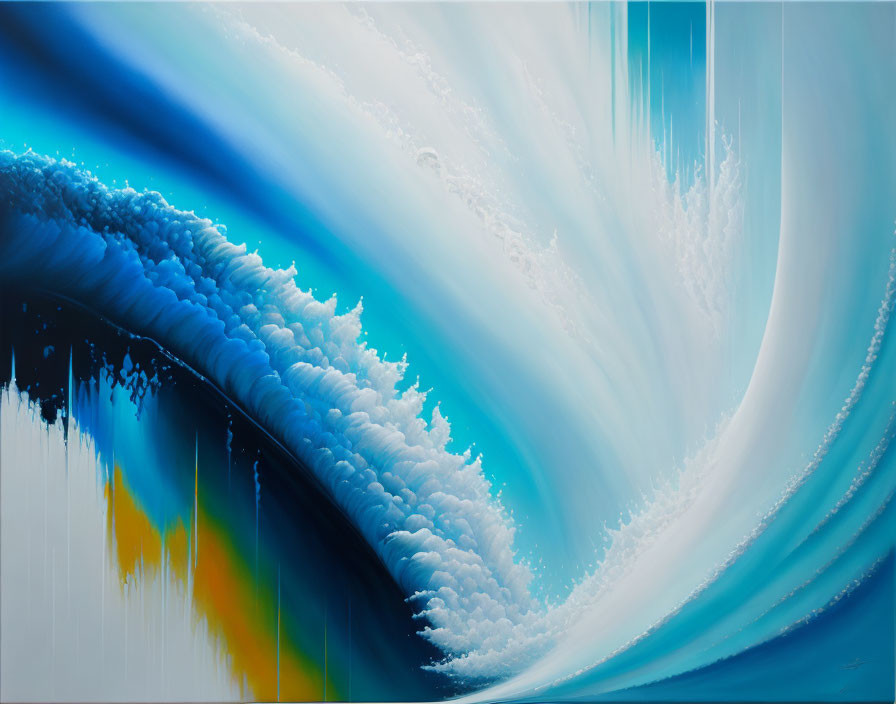 Abstract Painting: Stylized Blue Wave with Colorful Streaks