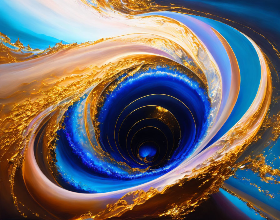 Colorful digital artwork: Blue, gold, and brown swirls in cosmic vortex or seashell