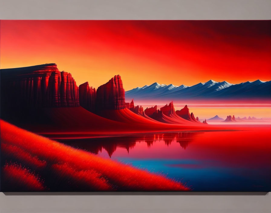 Vibrant red and orange landscape painting with cliffs, water reflection, and snowy mountains under a fiery