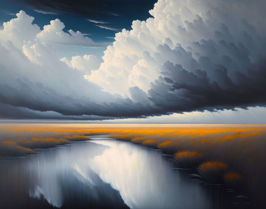 Stormy Cloud Over Serene River Landscape Painting