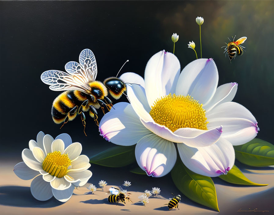 Colorful painting of bumblebees on white flowers with dark backdrop