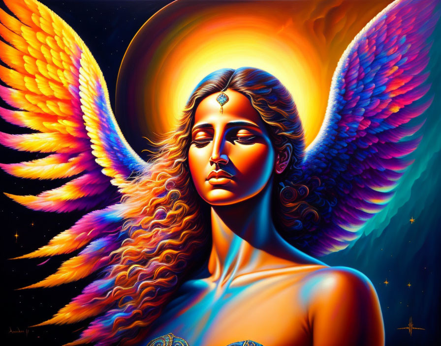 Colorful Winged Woman with Halo and Cosmic Background