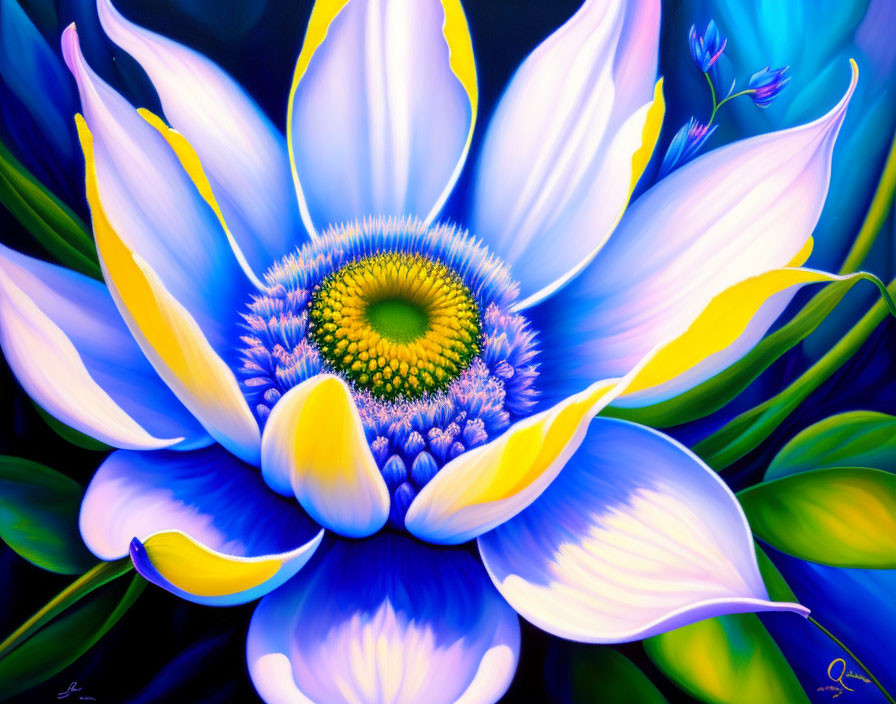 Detailed Blue and White Flower Painting on Dark Background