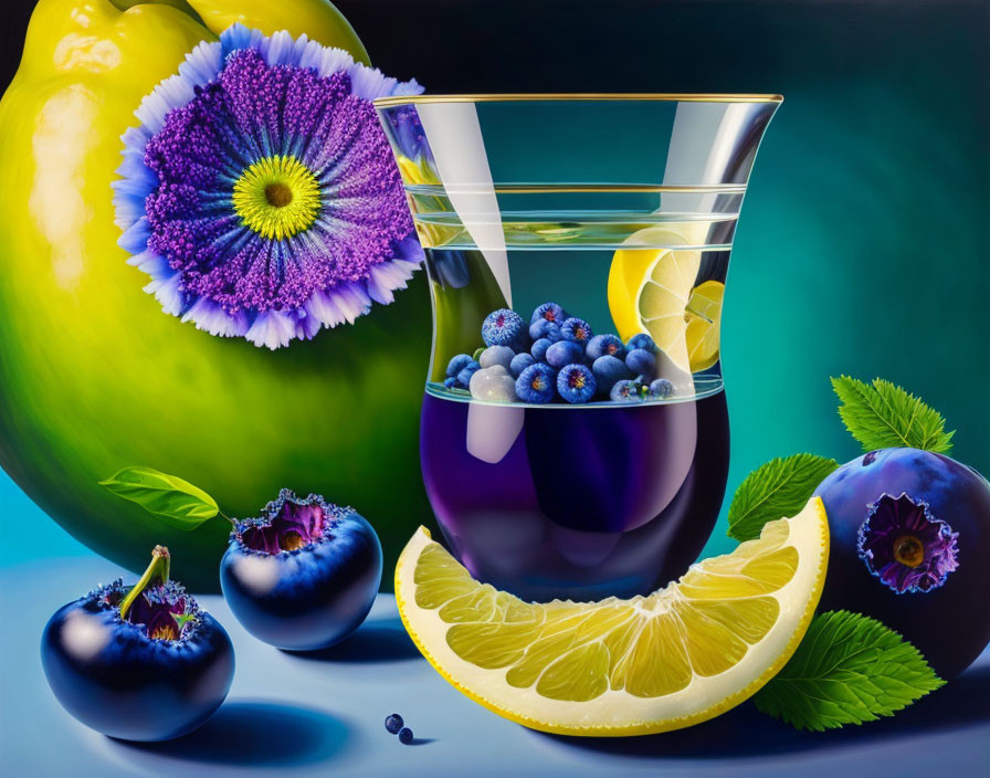 Colorful Still-Life Composition with Glass of Purple Liquid, Blueberries, Lemon Slices, and Flowers