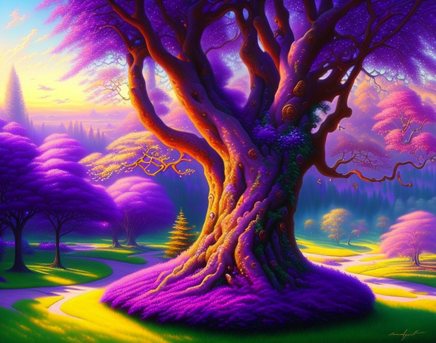 Colorful fantasy landscape with large purple tree under starry sky