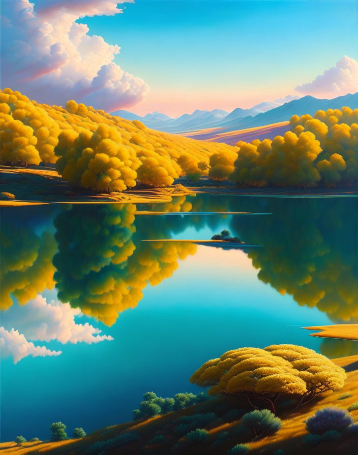 Tranquil landscape with golden foliage, calm lake, blue mountains, and pastel sunset