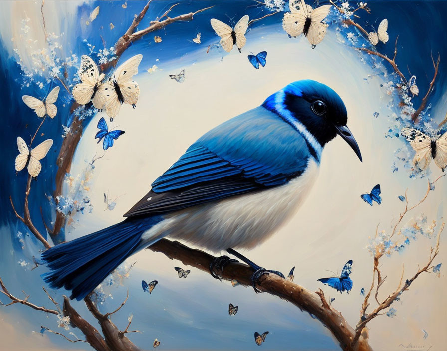 Colorful Bird and Butterflies Painting on Branch in Circular Background