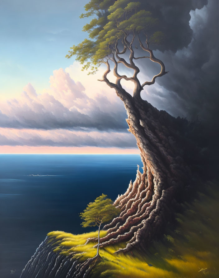 Surreal painting of massive tree on cliff overlooking calm sea