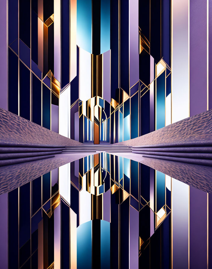 Symmetrical Abstract Corridor with Purple and Gold Vertical Lines