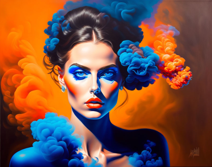 Portrait of a woman with blue highlights and ethereal smoke swirls