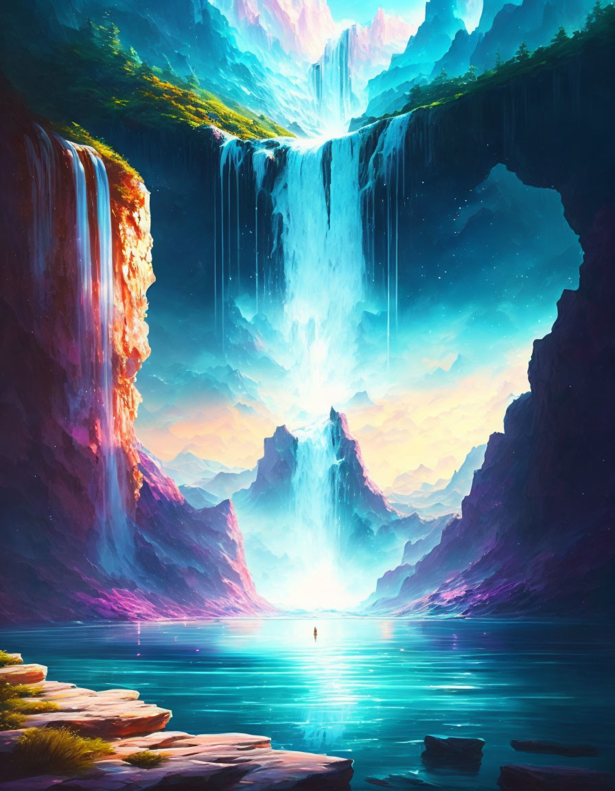 Digital Art: Otherworldly Landscape with Waterfalls, Lake, and Solitary Figure