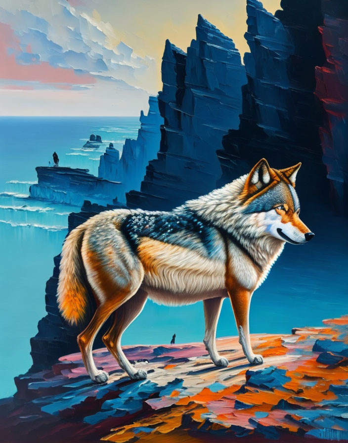 Colorful wolf illustration on cliff with blue and orange hues.