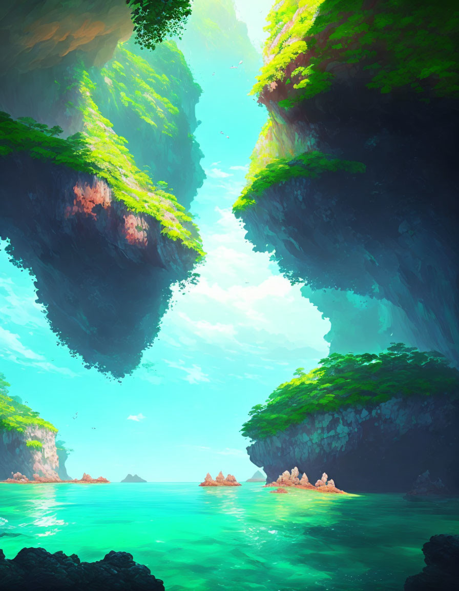 Fantastical landscape: Towering cliffs, turquoise sea, distant islets