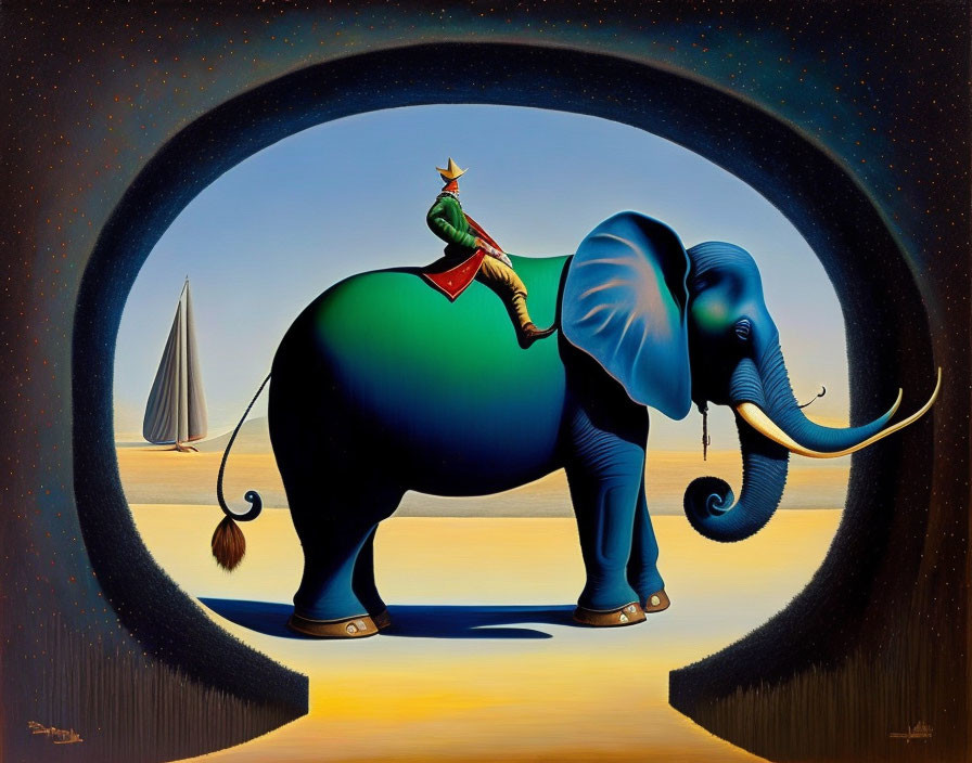 Surreal painting: elephant with tusks and tail brush, green bird on back, sailboat