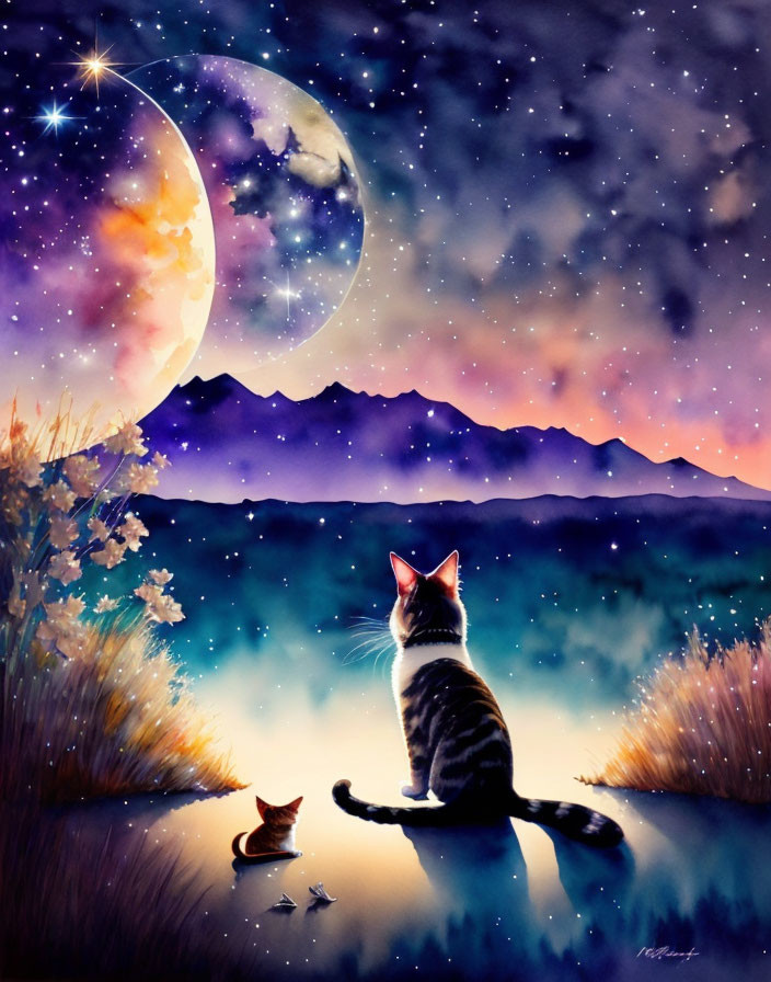 Cat by Water Under Vibrant Night Sky with Moon, Stars, Mountains