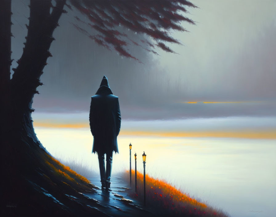 Mysterious figure in cloak under surreal twilight sky