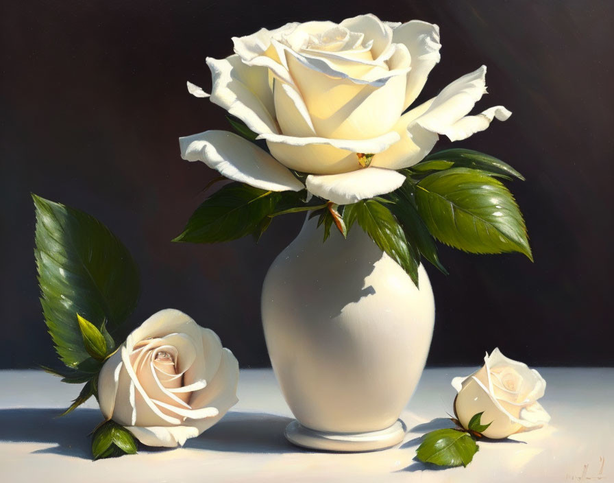 Realistic painting of three white roses in white vase on dark background