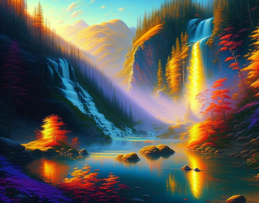 Digital Art: Mystical Forest with Waterfalls, Autumn Trees, and Blue Lake