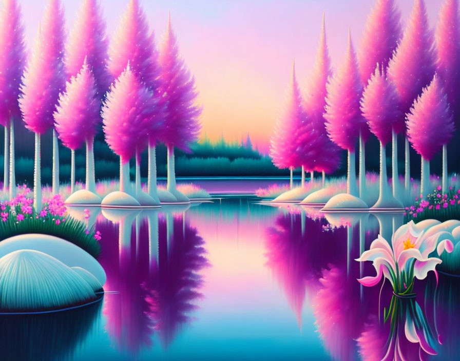 Tranquil fantasy landscape with pink-purple trees and serene lake