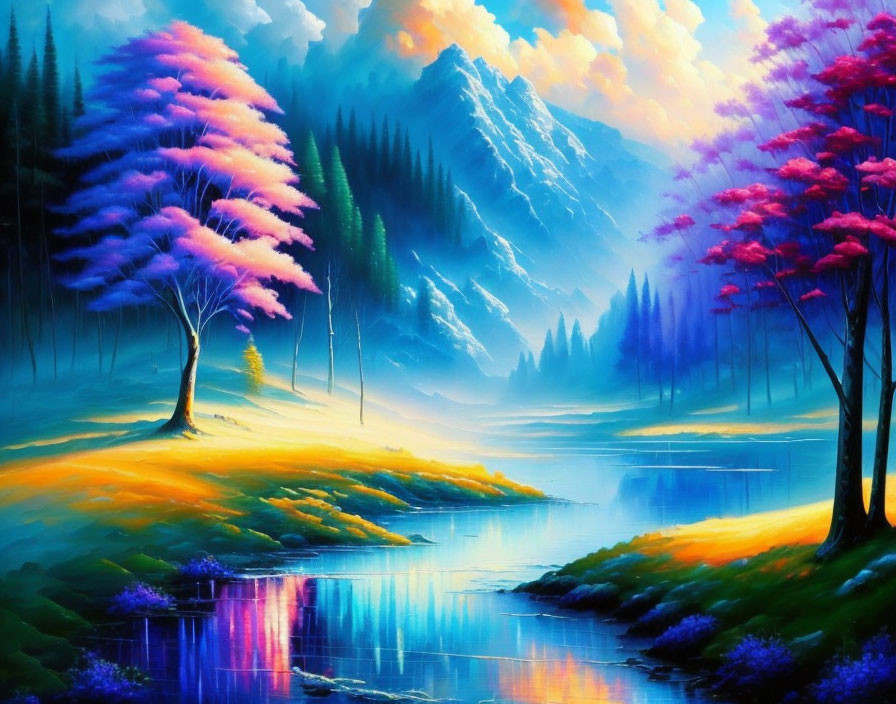 Colorful Tree Landscape Painting by Lake and Mountain