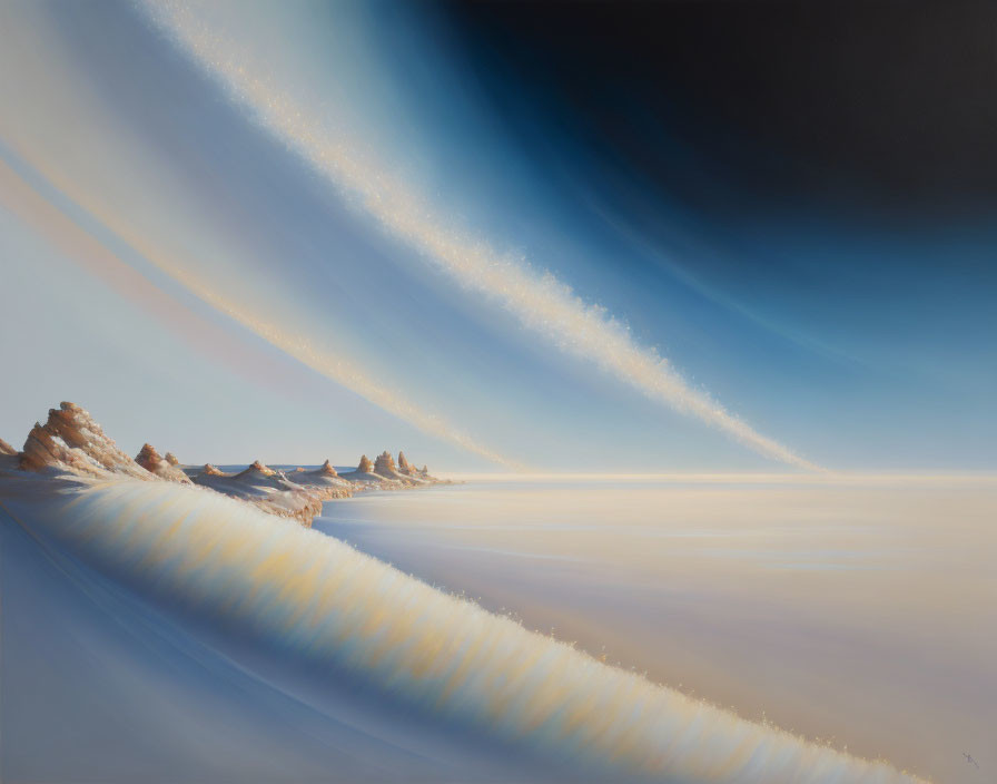 Desert dunes painting with elongated shadows and reflective surface