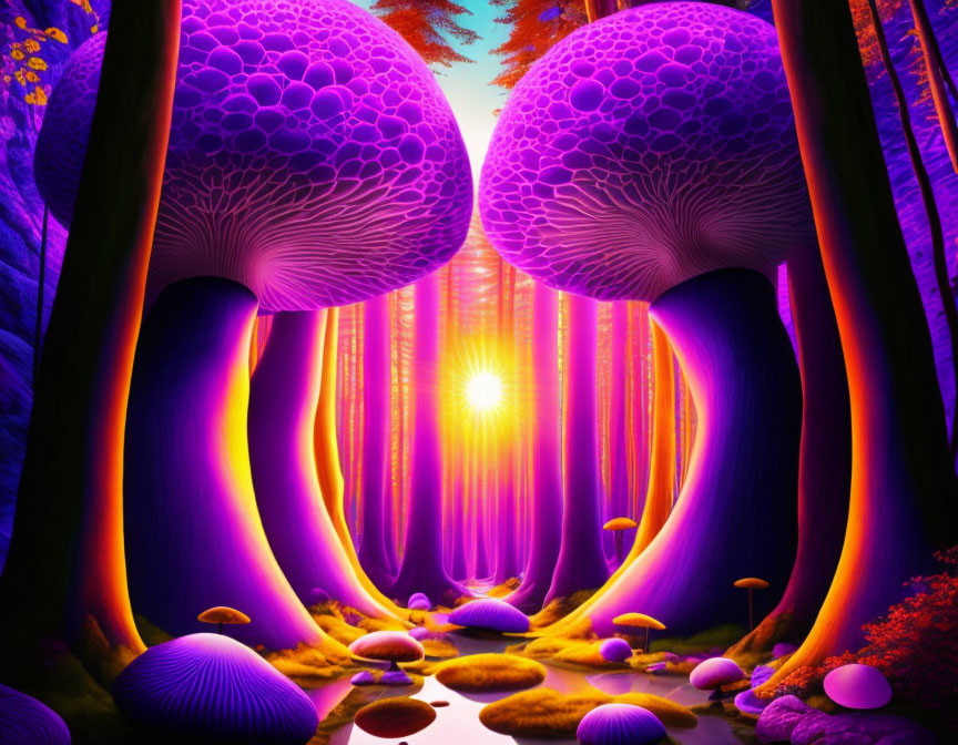 Fantasy forest with oversized purple mushrooms and glowing sunset