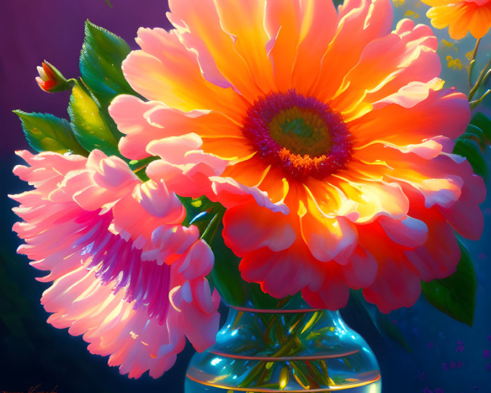 Colorful Flower Painting in Glass Vase with Bright Background