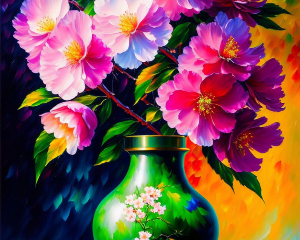 Colorful painting of pink flowers in green vase on vibrant background