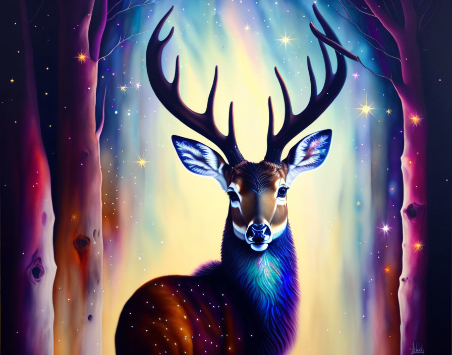 Majestic stag with antlers in mystical starlit forest