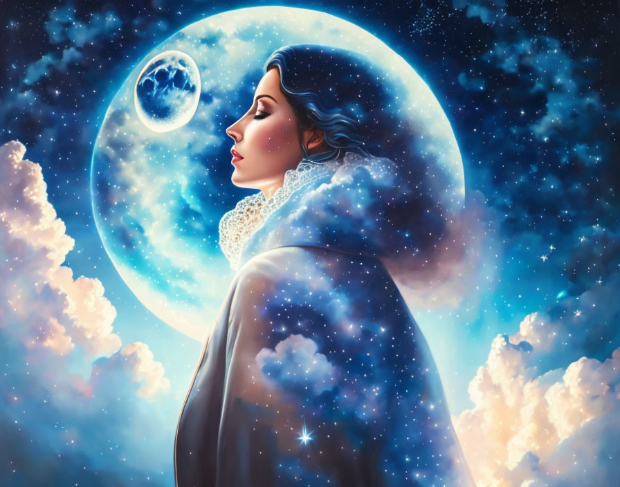 Illustration of woman with star-infused hair in cosmic cloak against moonlit sky