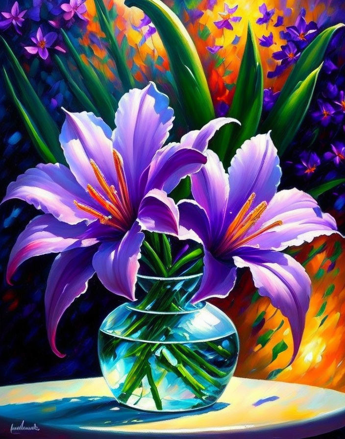 Colorful Painting: Purple Lilies in Glass Vase with Abstract Floral Background