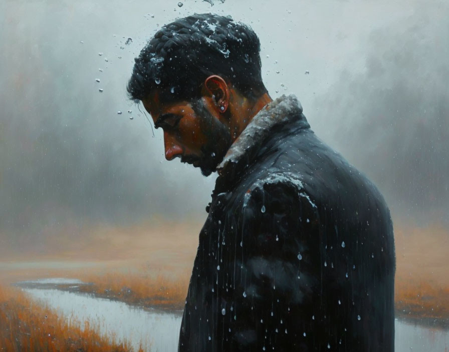 Man in black coat standing in rain against misty landscape