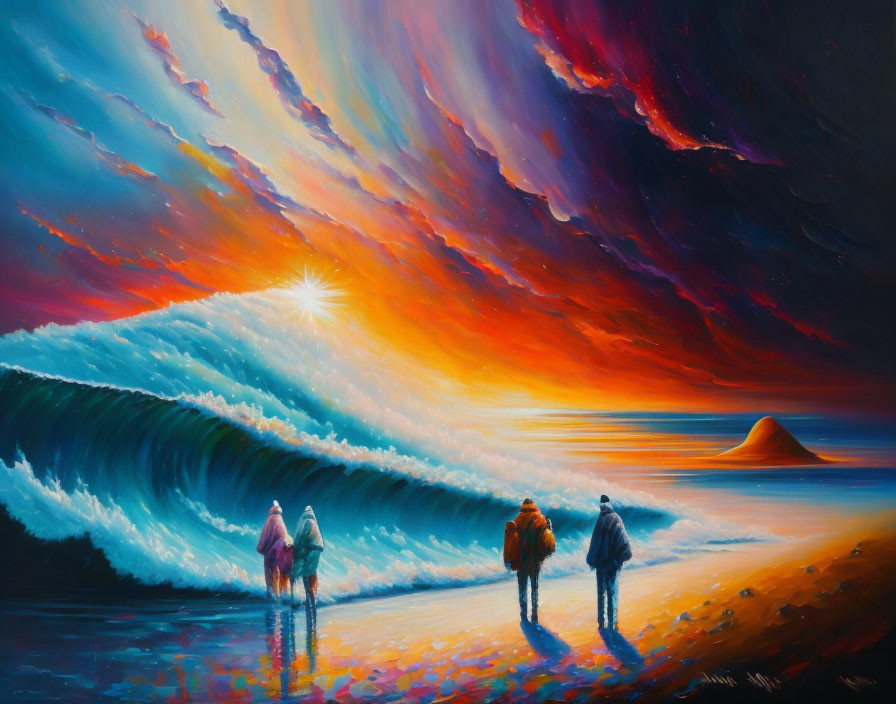 Three individuals walking on a beach at sunset with a colorful sky and large wave.