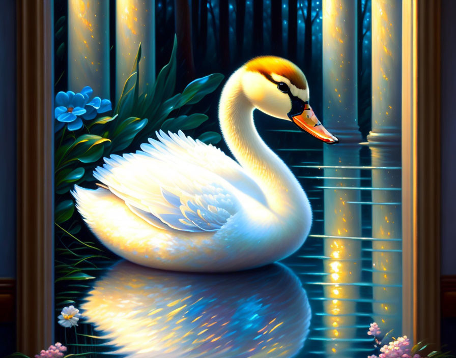 Swan gliding on tranquil water with forest backdrop and blooming flowers