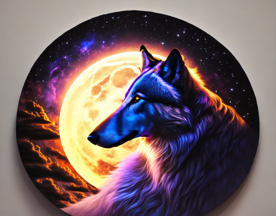 Circular Wolf Artwork with Cosmic Background and Full Moon