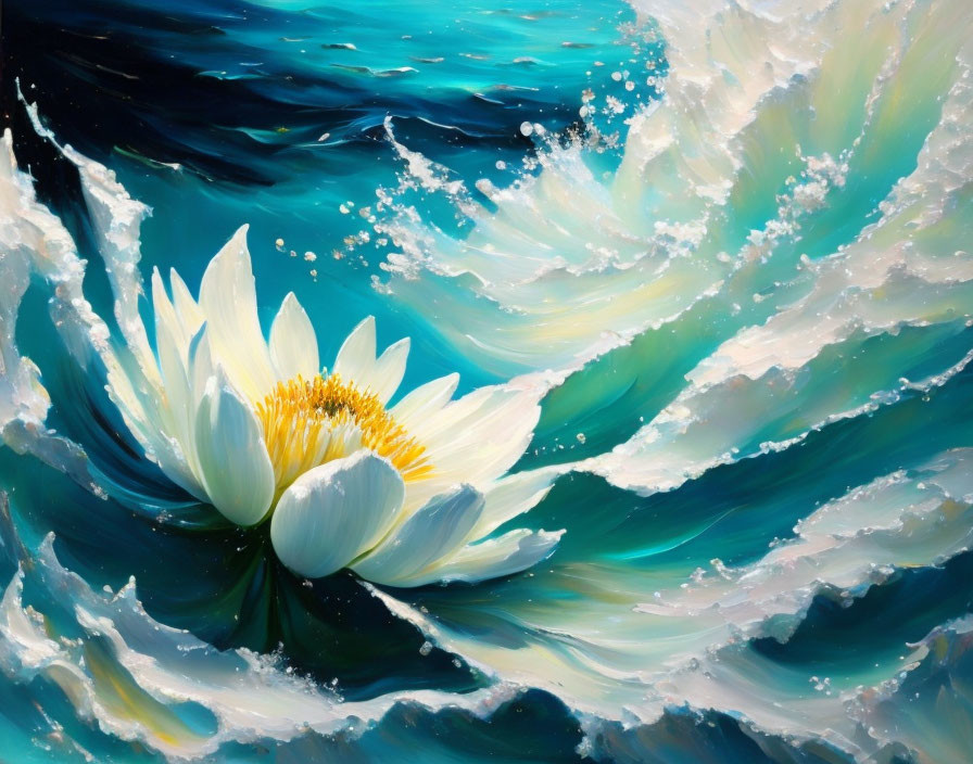 Colorful Lotus Flower Painting on Blue Water Surface