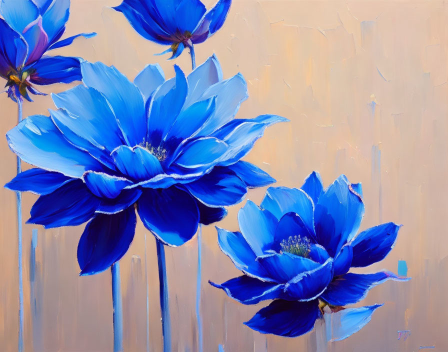 Blue flowers painting with bold brushstrokes on warm background