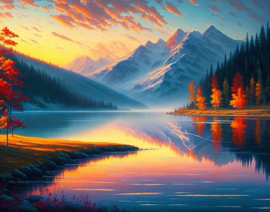 Scenic sunset over calm lake with snowy mountains and autumn trees