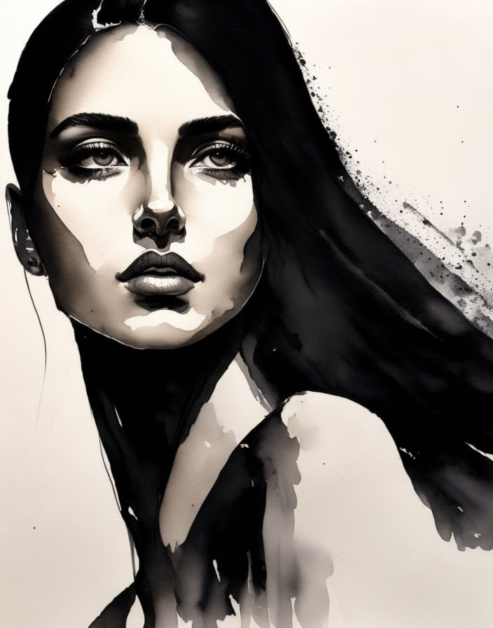 Striking monochrome watercolor portrait of a woman with intense gaze